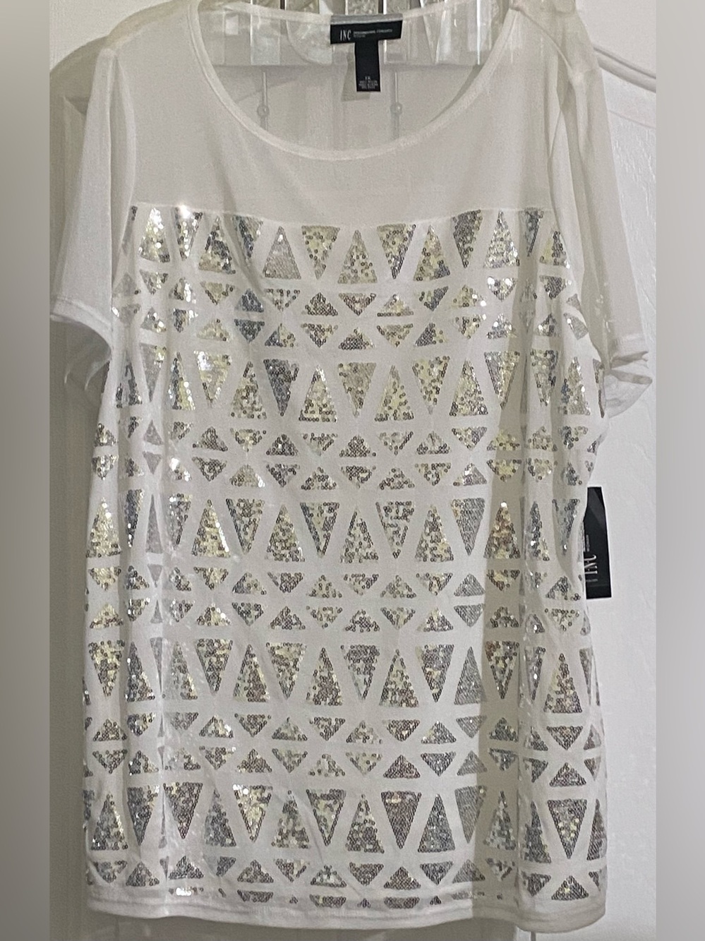 INTERNATIONAL CONCEPTS WHITE SEMI SHEER SHORT SLEEVE TOP WITH SILVER SEQUINS